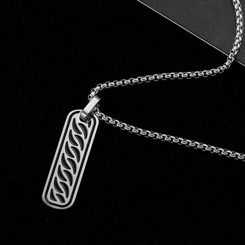 Mens Stainless Steel Rectangle Pendant Necklace Fashion Black Stripes Enamel Geometric Jewelry Simple Industrial Box Chain