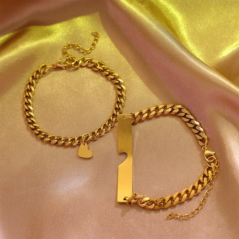 Minimalista Acciaio Inossidabile Coppie Cuore Puzzle Cuciture Braccialetto Set Lucidato Catena a Maglie Argento Oro Gioielli Regalo