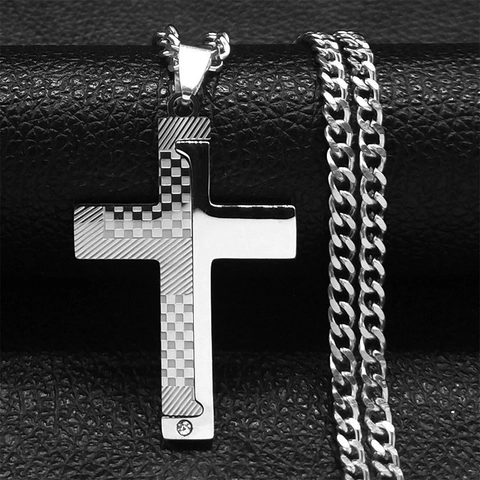 Collana con Pendente a Croce in Acciaio Inossidabile per Uomo Con Strass Texture a Scacchiera Asimmetrica Gioielli Punk Unisex