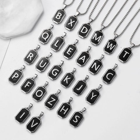 Unisex Stainless Steel Initial Necklace Black Octagon Capital Letter Pendant Box Chain Fashion Titanium Steel Jewelry