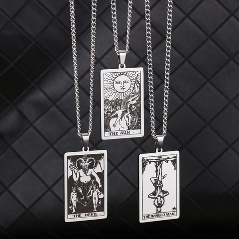 Vintage Stainless Steel Tarot Card Pendant Necklace For Men Women Rectangular Major Arcana Amulet Chain Necklace Jewelry Gift
