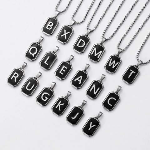 Unisex Stainless Steel Initial Necklace Black Octagon Capital Letter Pendant Box Chain Fashion Titanium Steel Jewelry