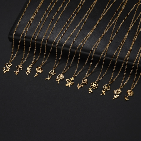 Birth Flower Necklace Stainless Steel 12 Month Floral Pendant Necklace Gold Silver Plated Birthday Gift For Women Jewelry