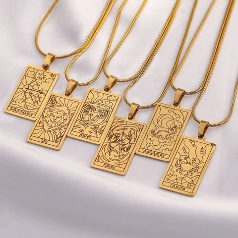 Vintage Stainless Steel 12 Zodiac Sign Tarot Card Necklace Gold Plated Twelve Constellation Aries Leo Scorpio Pendant Necklace Jewelry Gift For Women
