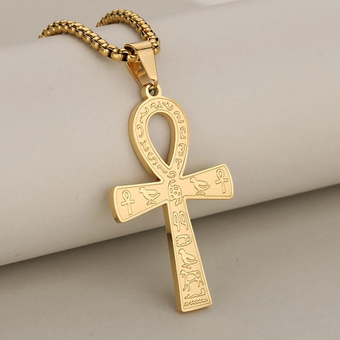 Vintage Ancient Egyptian Ankh Cross Pendant Necklace Stainless Steel Hieroglyphic Engraving Hip Hop Jewelry For Men Women