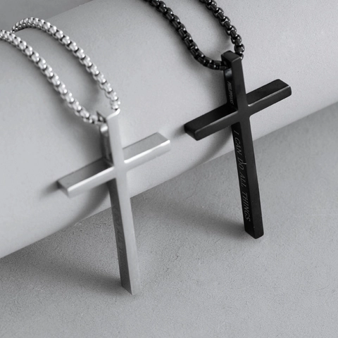 Collana con Ciondolo a Croce in Acciaio Inossidabile Versetto Biblico per Uomo Donna Incisione Religiosa Gioielli Cristiani
