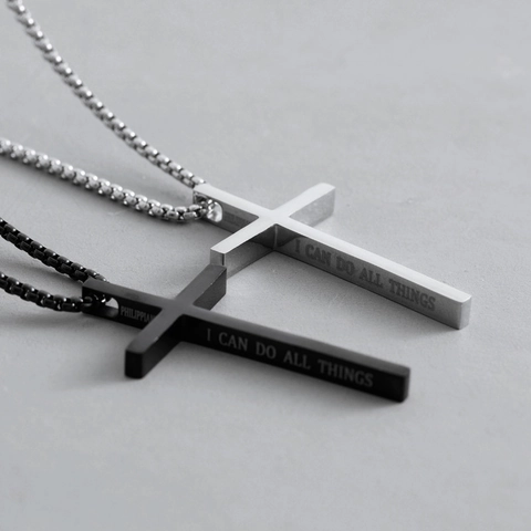 Collana con Ciondolo a Croce in Acciaio Inossidabile Versetto Biblico per Uomo Donna Incisione Religiosa Gioielli Cristiani