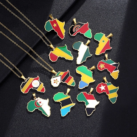 Collar con Colgante de Mapa de África con Bandera Nacional de Acero Inoxidable Esmalte Oro Plata Joyería para Mujeres Hombres