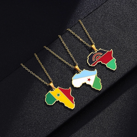 Collar con Colgante de Mapa de África con Bandera Nacional de Acero Inoxidable Esmalte Oro Plata Joyería para Mujeres Hombres
