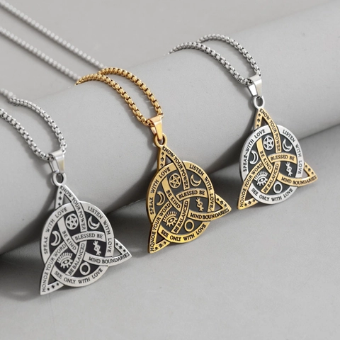 Collar Vikingo Retro de Acero Inoxidable con Triángulo y Nudo Celta para Hombre Colgante Espiritual de Pentagrama y Ojo Que Todo lo Ve