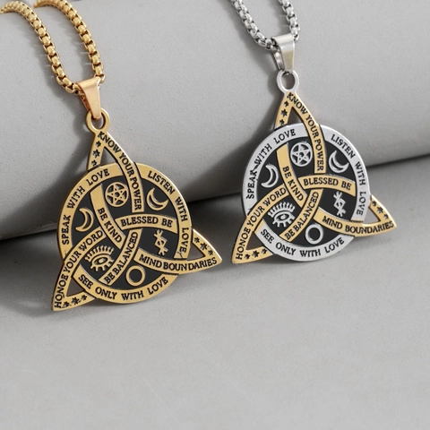 Collar Vikingo Retro de Acero Inoxidable con Triángulo y Nudo Celta para Hombre Colgante Espiritual de Pentagrama y Ojo Que Todo lo Ve