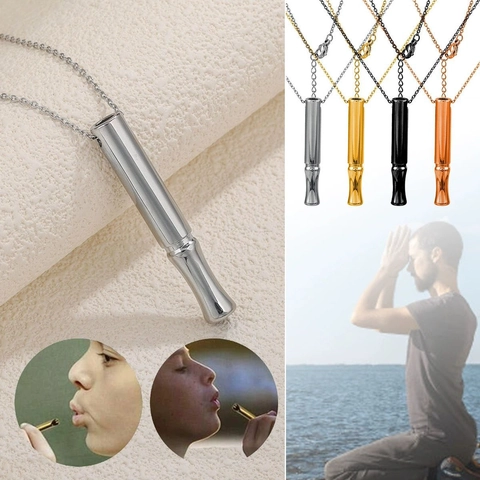 Stainless Steel Mindful Meditation Breathing Necklace Anxiety Stress Relief Whistle Cylindrical Pendant For Yoga Unisex Jewelry