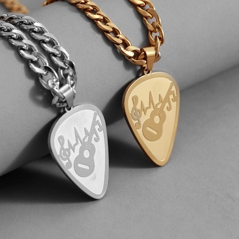 Stainless Steel Guitar Pick Pendant Necklace Musical Note Heartbeat Pattern Cuban Link Chain Rock Music Jewelry For Men Women