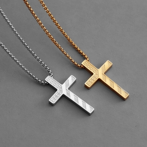 Stainless Steel Cross Pendant Necklace Men Women American Flag Star Stripes Religious Bible Verse Hip Hop Jewelry
