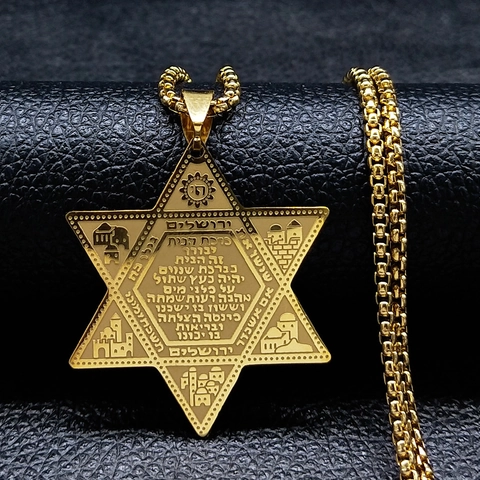 Edelstahl Hexagramm Anhänger Halskette Hebräisch Jerusalem Vintage Titanstahl Religiöser Schmuck Geschenk Für Herren Damen