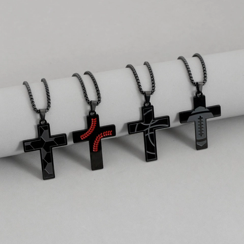Stainless Steel Sports Ball Cross Necklace For Men Women Football Basketball Baseball Rugby Cross Pendant Sports Jewelry