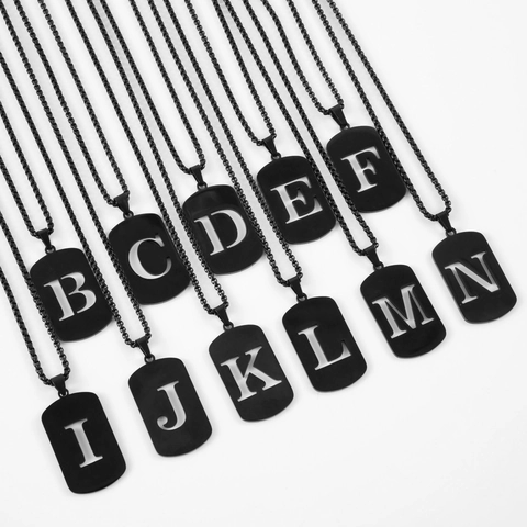 Titanium Steel Black Matte Hollow Out Alphabet Initial Letter Dog Tag Pendant Necklace For Men Women Fashion Streetwear Jewelry