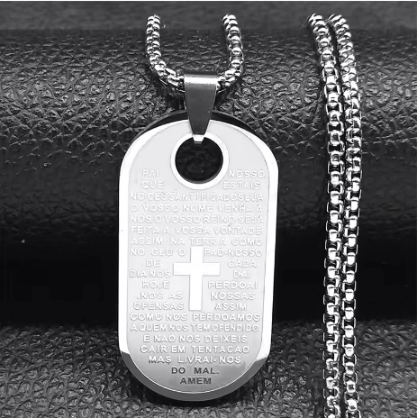 Roestvrij Stalen Onzevader Kruis Hanger Halsketting Voor Heren Dames Portugees Pai Nosso Schrift Religieuze Sieraden