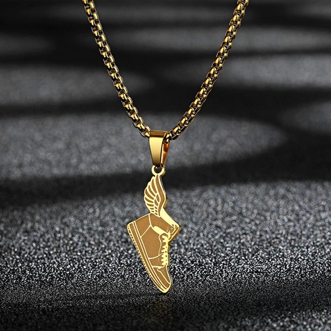 Stainless Steel Winged Sneaker Pendant Necklace For Men Women Hip Hop Titanium Steel Shoe Jewelry Polished Box Chain
