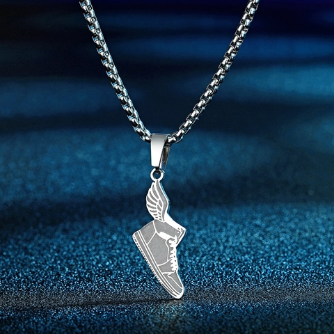 Stainless Steel Winged Sneaker Pendant Necklace For Men Women Hip Hop Titanium Steel Shoe Jewelry Polished Box Chain