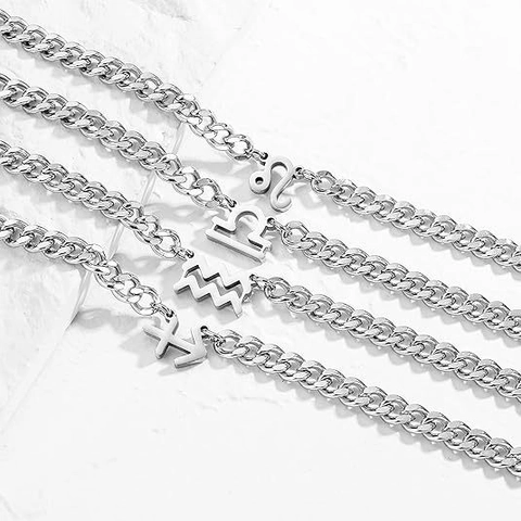 Stainless Steel Zodiac Pendant Necklace For Men Women Minimalist Polished Curb Chain Constellation Horoscope Jewelry Gift