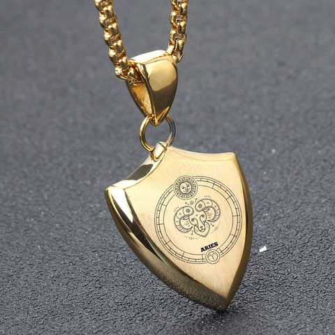 304 Stainless Steel Shield Zodiac Constellation Pendant Necklace Polished Gold Steel Plated Unisex Zodiac Jewelry Gift