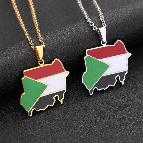 Stainless Steel Sudan Republic Map Pendant Necklace Gold Silver Color Enamel National Flag Geographic Geometrical Jewelry For Men Women