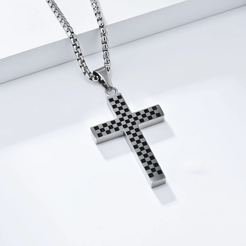 Edelstahl Schachbrettmuster Kreuz Anhänger Halskette Für Herren Damen Personalisierte Gothic Gebet Glauben Schmuck Geschenk