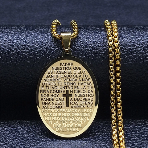 Collar Con Colgante De Cruz Religiosa Ovalada De Acero Inoxidable Padre Nuestro En Español Grabado Joyería Crucifijo