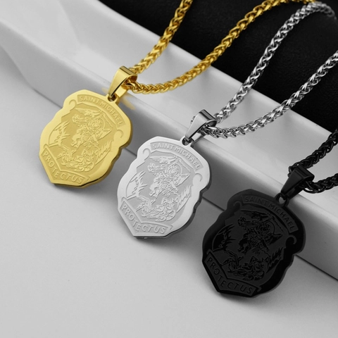 Stainless Steel Archangel Saint Michael Shield Pendant Necklace Religious Protection Vintage Jewelry For Men Women Gold Silver Black