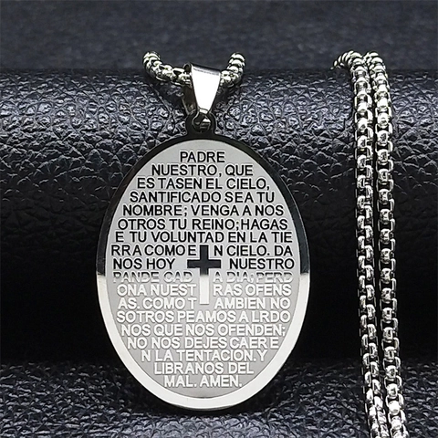Collar Con Colgante De Cruz Religiosa Ovalada De Acero Inoxidable Padre Nuestro En Español Grabado Joyería Crucifijo
