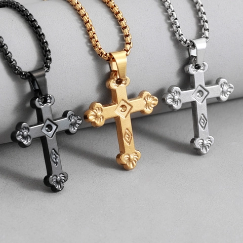Vintage Edelstahl Kreuz Anhänger Halskette Relief Blumentextur Venezianerkette Hochwertiger Religiöser Unisex Schmuck Zubehör
