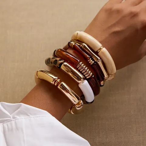 Bohemian Bamboo Resin Stainless Steel Bracelet Set For Women Vintage Leopard Print Marble Texture Bangle Jewelry