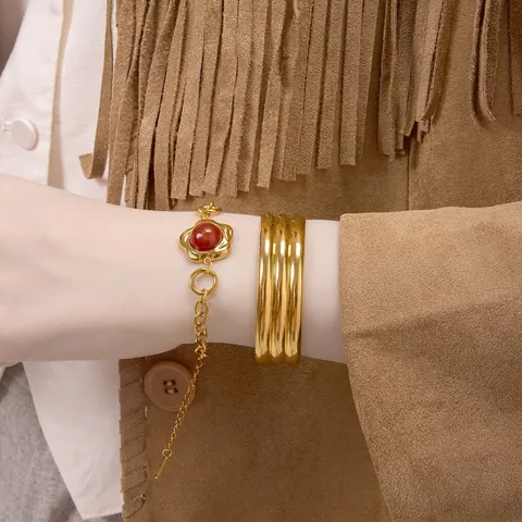 Vintage Stainless Steel Red Agate Floral Bracelet And Textured Open Bangle For Women Bohemian Gold Plated Jewelry Gift
