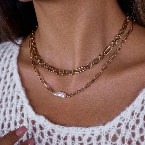Luxury Stainless Steel Paperclip Chain Necklace With Natural Baroque Freshwater Pearl Pendant For Women Fashion Gold Jewelry