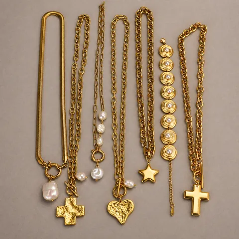 Collar con Colgante de Acero Inoxidable de Lujo con Perla Artificial para Mujer Vintage con Strass Cruz Corazón Estrella Joyería