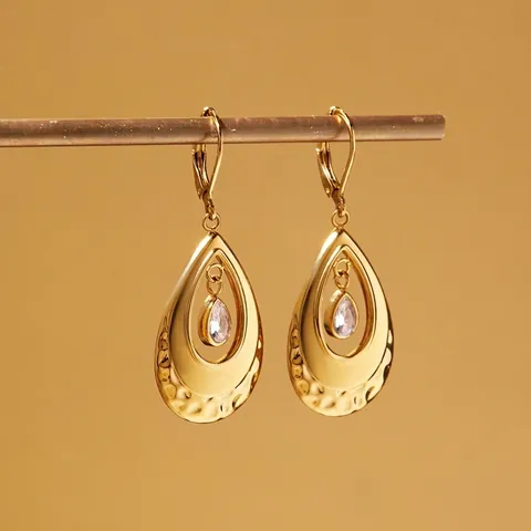 Orecchini a Goccia in Acciaio Inossidabile Donna Placcato Oro 18K Texture Martellata Zircone Orecchini Eleganti Leverback