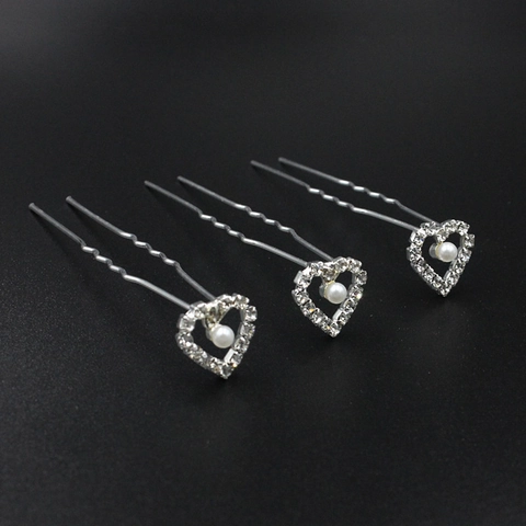 Eleganter Hohlherz Eisen Haarstab Für Damen Silber Strass Künstliche Perle U-Förmige Haarnadel Kopfschmuck Schmuck