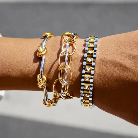 Two-Tone Stainless Steel Mixed Link Chain Bracelet For Women Trendy Gold Silver Patchwork Link Bangle Rhinestone Jewelry Gift