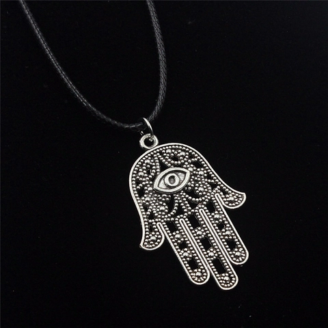 Vintage Legierung Hamsa Hand Anhänger Halskette Böser Blick Symbol Schwarz Lederband Ethnisch Schlüsselbein Kette Schmuck