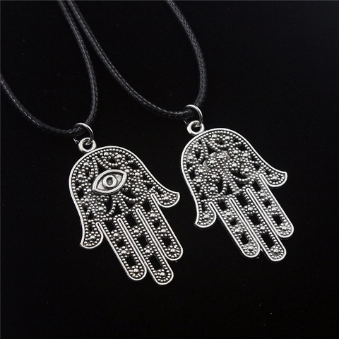 Vintage Legierung Hamsa Hand Anhänger Halskette Böser Blick Symbol Schwarz Lederband Ethnisch Schlüsselbein Kette Schmuck