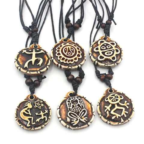 Vintage Stammes Totem Anhänger Halskette Harz Knochenimitat Ethnischen Stil Verstellbare Kordelkette Mit Holzperlen Für Unisex