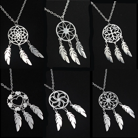 Bohemian Stainless Steel Dreamcatcher Pendant Necklace For Women Feather Charms Hollow Geometric Ethnic Jewelry Silver Necklace