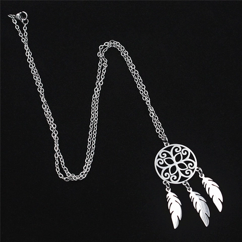 Bohemian Stainless Steel Dreamcatcher Pendant Necklace For Women Feather Charms Hollow Geometric Ethnic Jewelry Silver Necklace