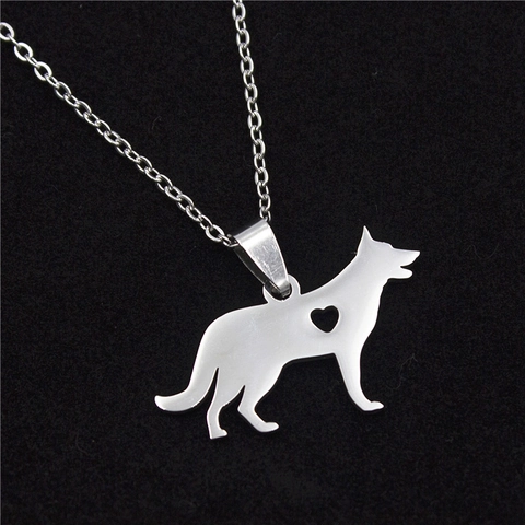Stainless Steel German Shepherd Dog Tag Pendant Necklace With Heart Cutout Silhouette For Unisex Fashion Jewelry Gift