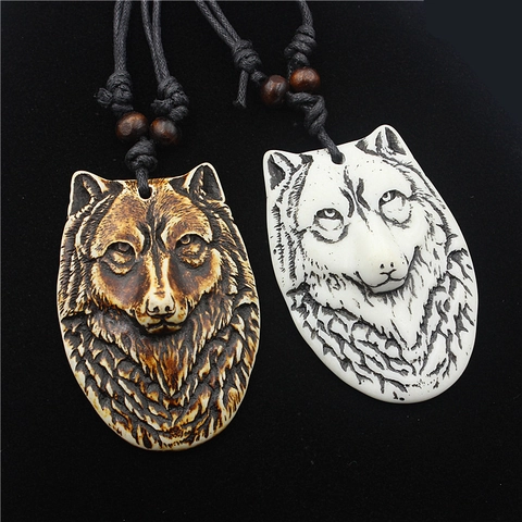 Collana Con Ciondolo Testa di Lupo in Resina Vintage Con Cordino in Corda Intrecciata Stile Tribale Gioielli Totem Effetto Osso Per Uomo Donna