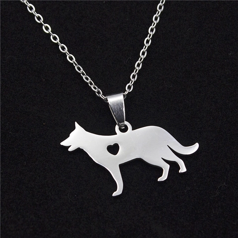 Stainless Steel German Shepherd Dog Tag Pendant Necklace With Heart Cutout Silhouette For Unisex Fashion Jewelry Gift