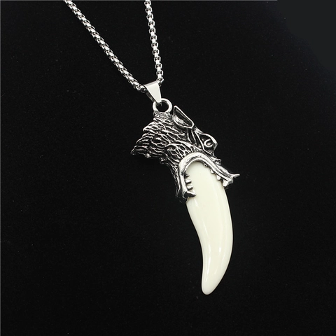 Vintage Men Wolf Tooth Pendant Necklace Alloy Dragon Head Gothic Punk Resin Fang Charm Jewelry For Men Accessory Gift