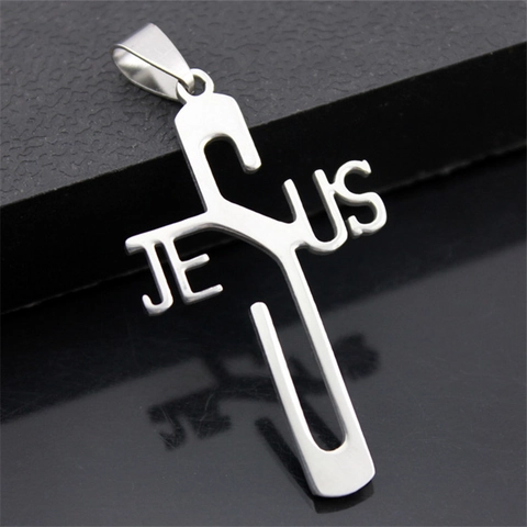 Ciondolo Croce con Lettere JESUS in Acciaio Inossidabile per Uomo Donna Gioielli Religiosi Crocifisso Cristiano Solo Ciondolo
