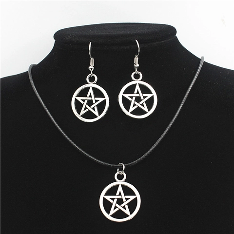 Vintage Legierung Pentagramm Stern Halskette Und Ohrringe Schmuckset Gotik Punk Hohler Kreis Anhänger Accessoire Damen Herren
